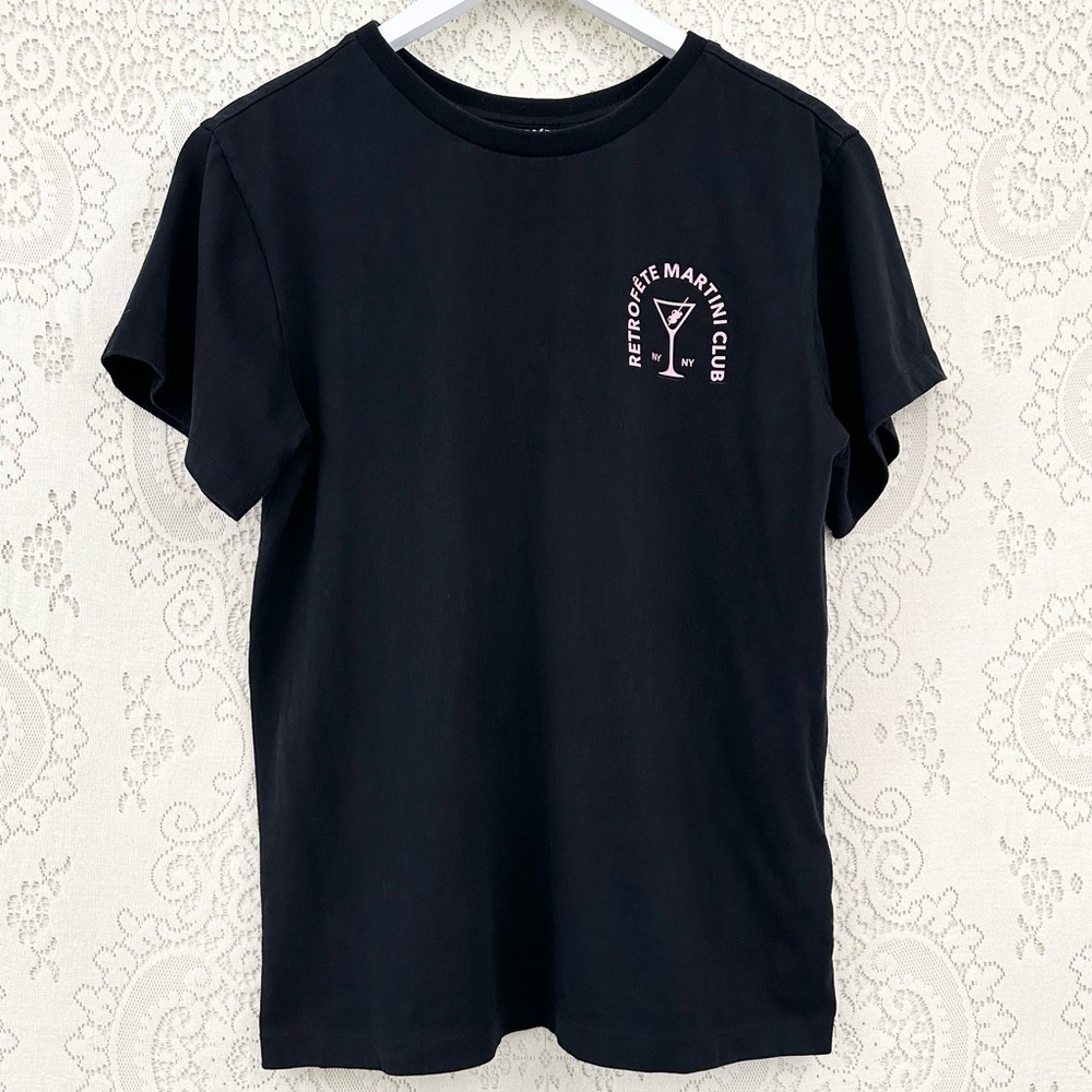Retrofete Black Pink Martini Club Logo T Shirt Top